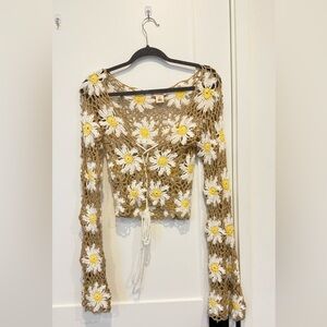 Floral Crochet Crop Top - Brown and White